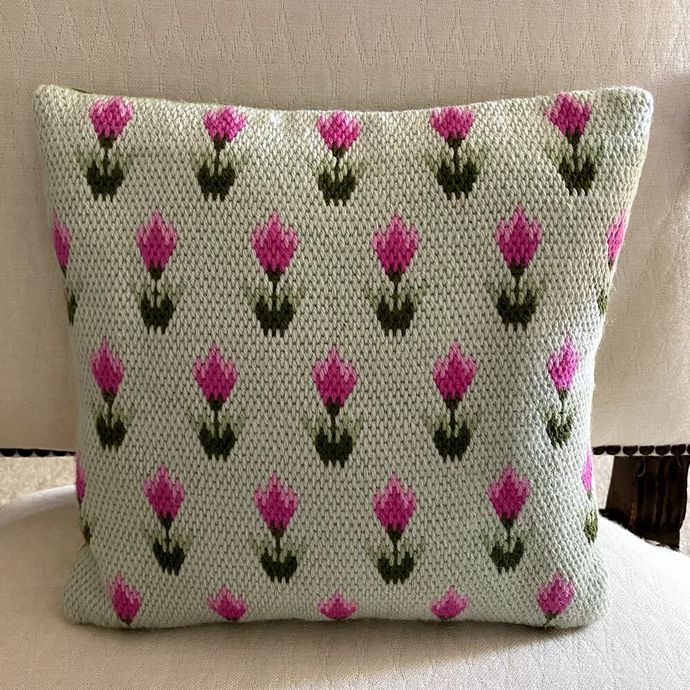 Green and Pink Needlepoint Type  Cushion Tulips